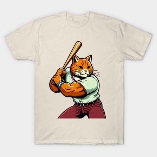 Vintage cat batsman - Retro 1990s Cartoon Style Baseball cat T-Shirt